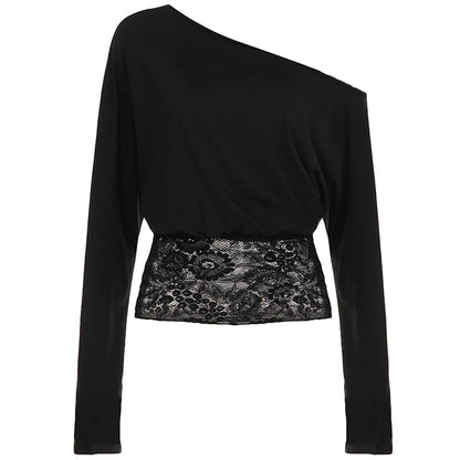 Elegant Patchwork Lace T-Shirt See Through Slim-Fitting Crew Neck Off-Shoulder Tees Women 2026 Fashion New （Two Design Styles）