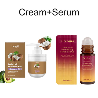 Facial Hair Removal Cream & After Care Roll On Oil Set Coconut Gentle Formula Smooth Skin Soothing Face Armpit Leg Nourishing