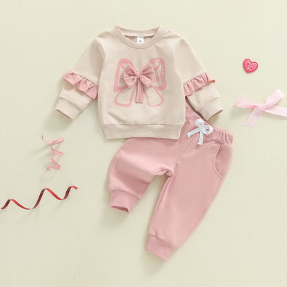 Citgeett Spring Toddler Girl Fall Outfits Bow Print Long Sleeve Ruffled Pullover Elastic Waist Pants Clothes Set