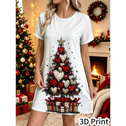 3D Fun Santa Claus Printed New Year Party Dress Women's Short Sleeve Round Leader Casual Loose Mini Dress Vestidos De Mujer