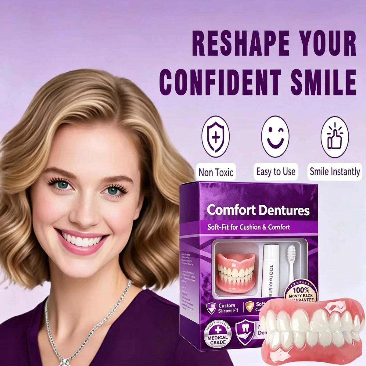 Adult Full Set Silicone Fake Teeth Upper & Lower Dentures Soft Comfort Fit Natural Smile Oral Beauty Accessories