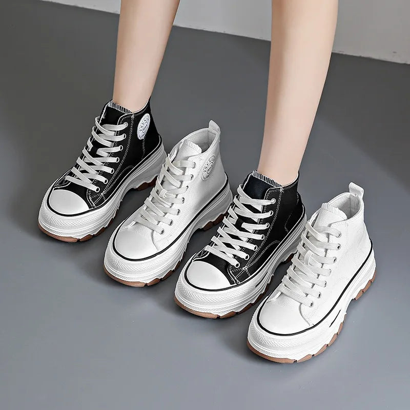 2024 New Women High Top Sneakers Lace-Up Casual Plarform Height Canvas Non-slip Wear Resistant Spring Female Vulcanize Shoes