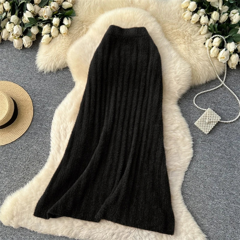 KARWomen Faux Mink Knit Pleated Midi Skirt High Waist Warm Fluffy A-Line Long Skirt Elegant Autumn Winter Solid Color Skirts 690