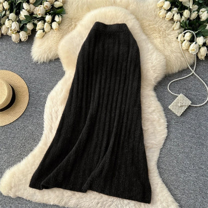 KARWomen Faux Mink Knit Pleated Midi Skirt High Waist Warm Fluffy A-Line Long Skirt Elegant Autumn Winter Solid Color Skirts 690