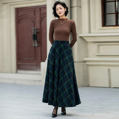 2026 Autumn and Winter New Style Retro Dark Green Plaid Woolen Skirt High-Waist A-Line Slimming Flared Long Skirt for Dancing