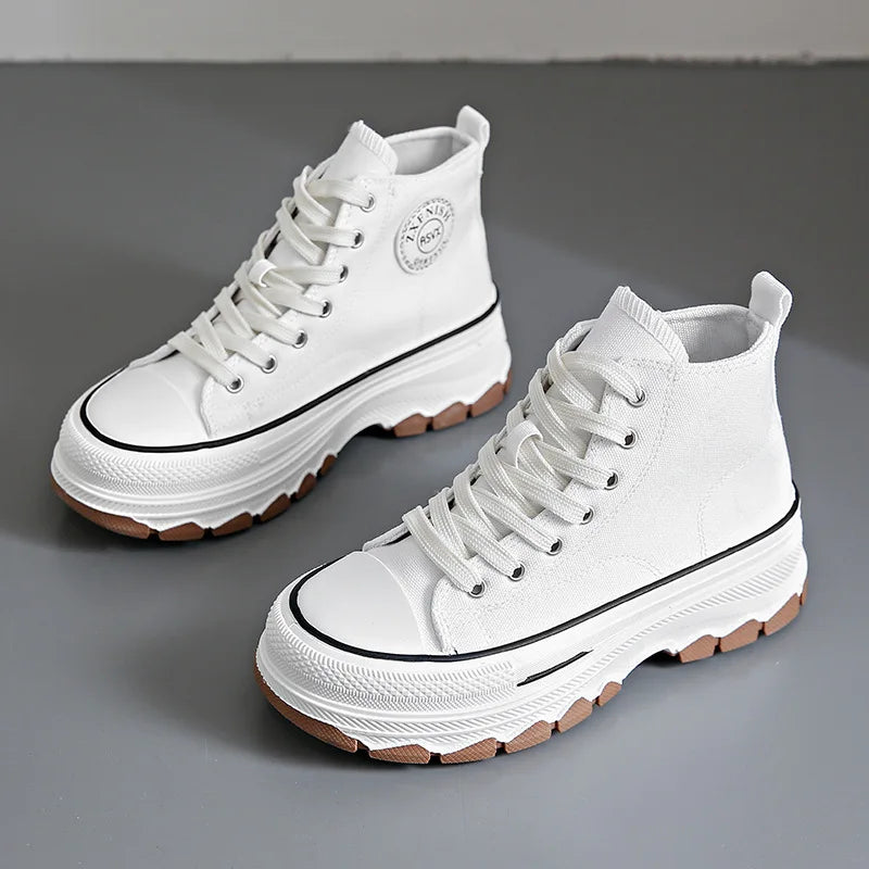 2024 New Women High Top Sneakers Lace-Up Casual Plarform Height Canvas Non-slip Wear Resistant Spring Female Vulcanize Shoes
