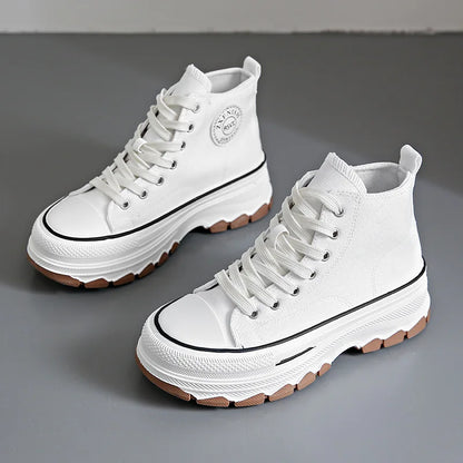 2024 New Women High Top Sneakers Lace-Up Casual Plarform Height Canvas Non-slip Wear Resistant Spring Female Vulcanize Shoes
