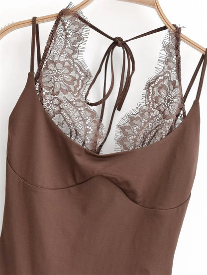 Women's Bodysuit 2026 New Fashion Spring Summer Brown Spliced Lace Bodysuit for Women Chic Personality Spaghetti Strap Bodysuit