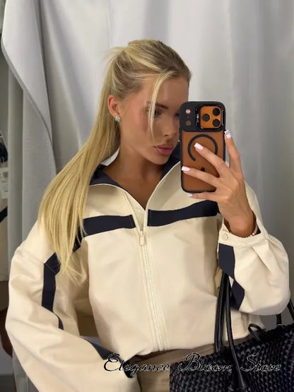 Beige Black Colorblock Zip Collar Crop Women Jacket Sporty Lapel Loose Outerwear Spring Autumn Daily Street Dating Outfit Coat