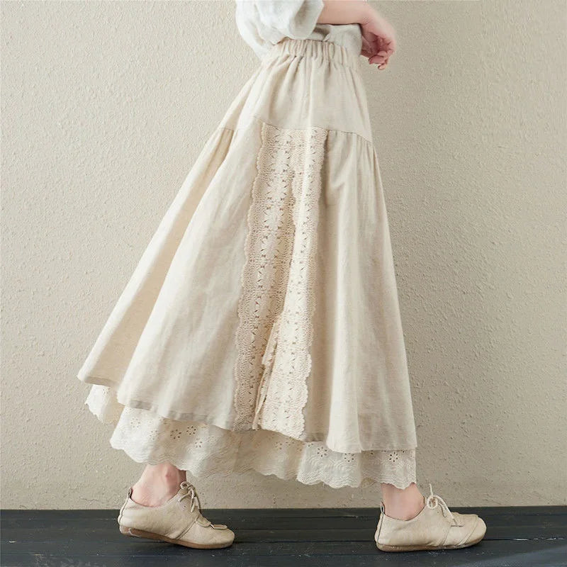 Vintage Chic Embroidery Linen Cotton Long Skirts Women Summer Elastic High Waist Pleated Maxi Skirt Female Elegant A-Line Skirt