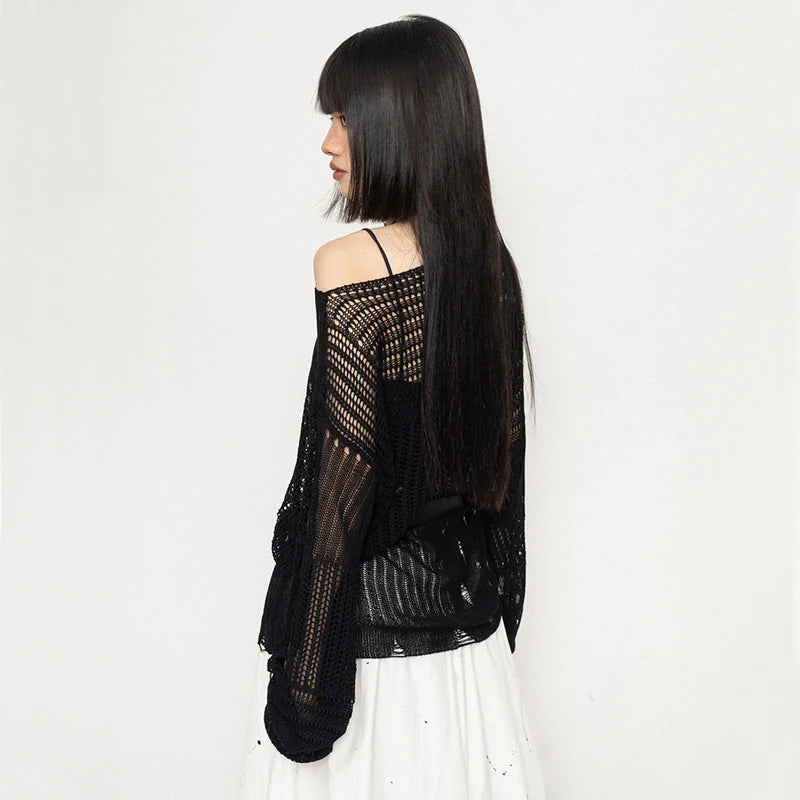 Y2K Hollow Out Knitted Pullovers Women Korean Harajuku Oversized Sweater Summer Sexy Slash Collar Long Sleeve Sunscreen Jumper