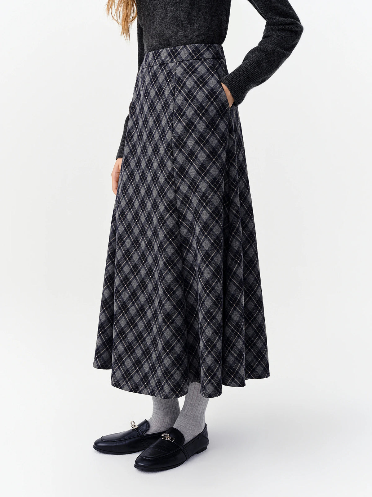 DUSHU Vintage Plaid Mermaid Skirt Women High Waist A-line Flared Midi Skirt Office Casual Long Skirt Preppy Style Age-reducing