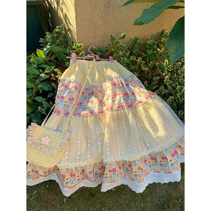 MEXZT Vintage Plaid Midi Skirt Women Japanese Harajuku Print Skirts Summer Y2K Boho Korean Lace Patchwork Casual Design Faldas