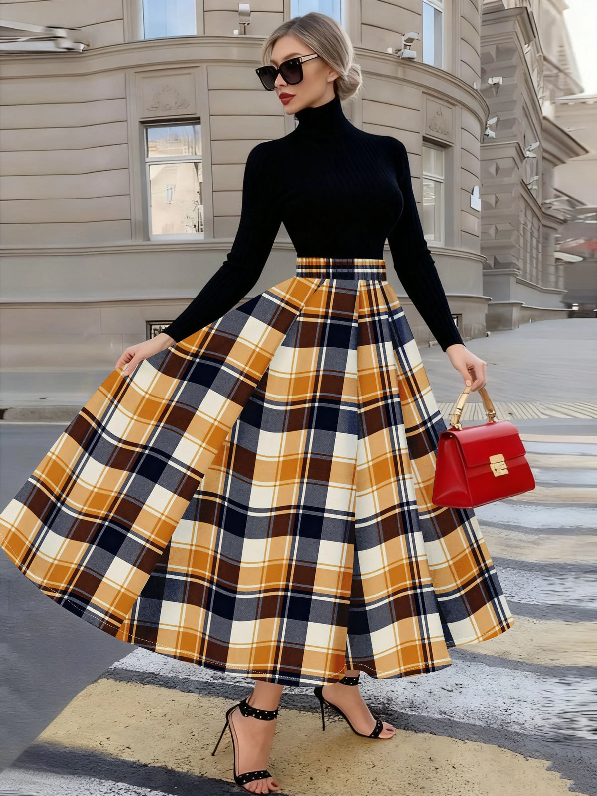 Printed Design Four season checkered pattern orange and black vacation style half skirt