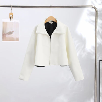 Crocodile Grain Women's Outerwear Lapel Long Sleeve Leather Jacket Vintage Olive Green Leather Coat Loose Cropped Fit Single