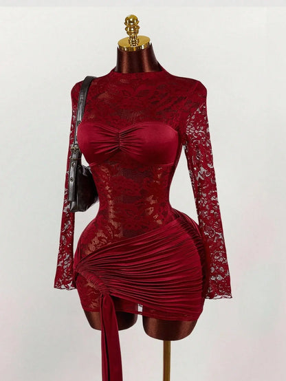 French Lace Sheer Dress Waist-Cinching Pleated Strap Slim-Fit Bodycon Skirt