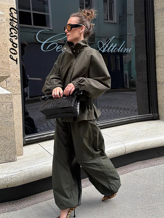 Women's Trousers 2 Pcs Sets Stand Collar Long Sleeve Single Breasted Pleated Ruffles Coats Lantern Pants Autumn Lady New Outfits