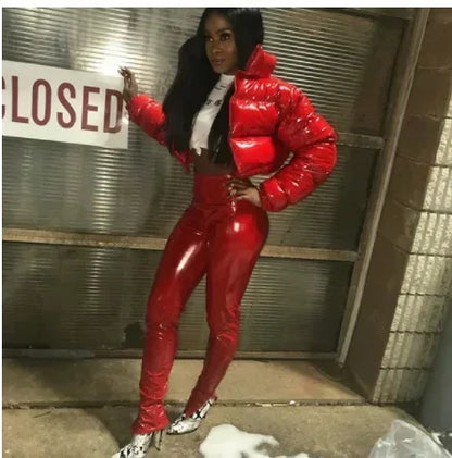 Women Cotton-padded Jacket Jacket Fashion Casual Glossy Long Sleeve Autumn And Winter Stand Collar Short Zipper Sexy Warm Street