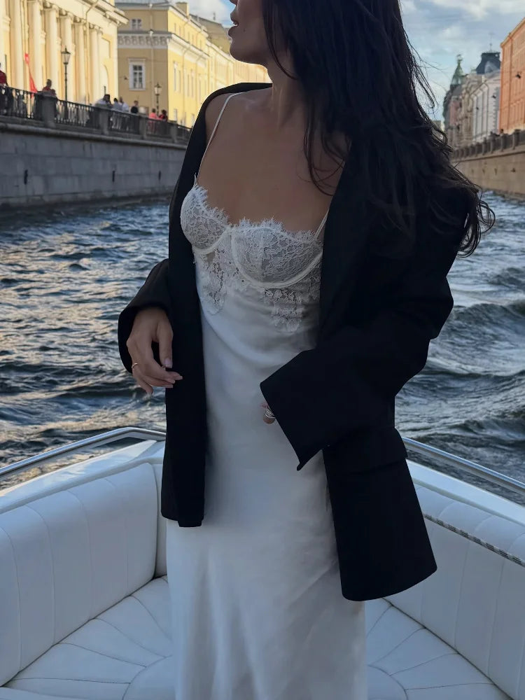Lace Bust Satin Slip Dress Spaghetti Strap Back Split Elegant Maxi Night Vestido 2026 Summer Banquet Party Women Gentle Grown