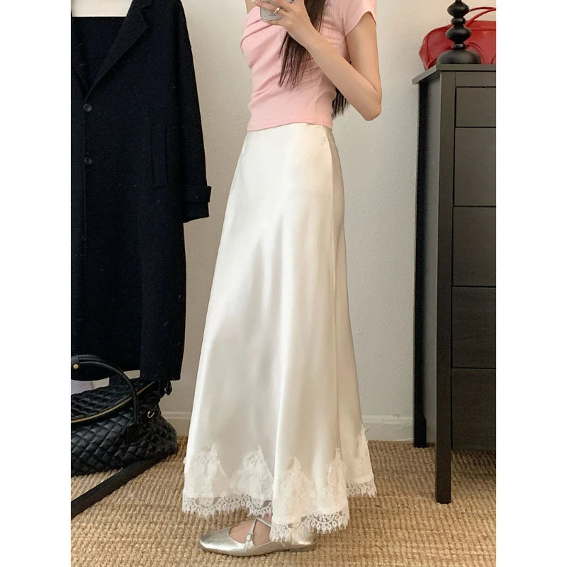 Elegant Long Skirts for Women Summer High Waist Lace Satin Skirt Women's A-line Korean Fashion Solid Color Loose Women's Skirt