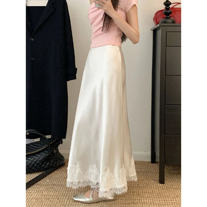 Elegant Long Skirts for Women Summer High Waist Lace Satin Skirt Women's A-line Korean Fashion Solid Color Loose Women's Skirt