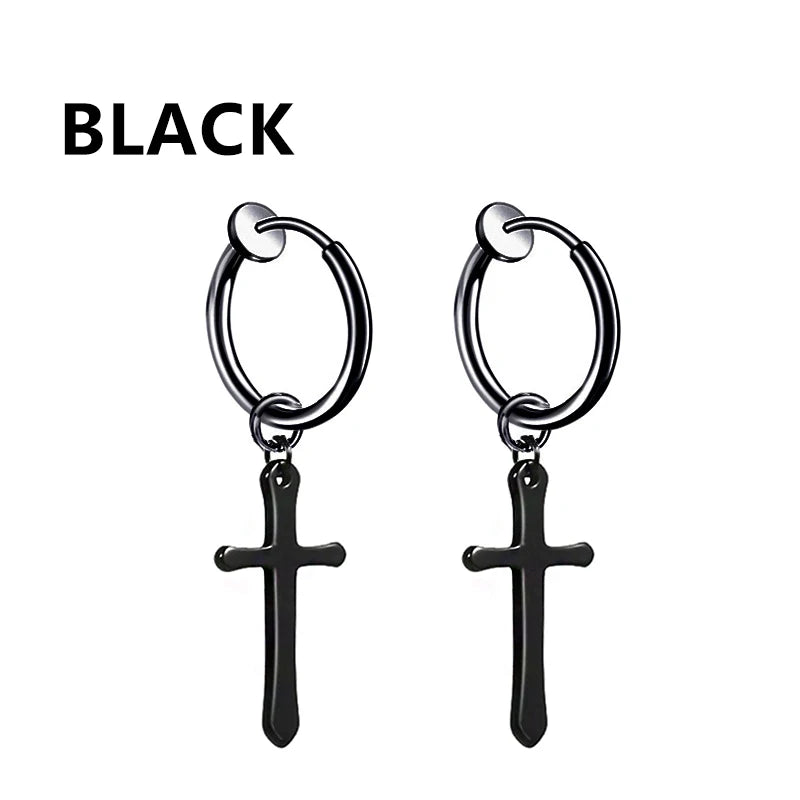 2PC Punk stainless steel Small Hoop Earrings for Men and Women Gothic Cross Ear Ring Pop Hip Hop Piercing Ear studs Jewelry