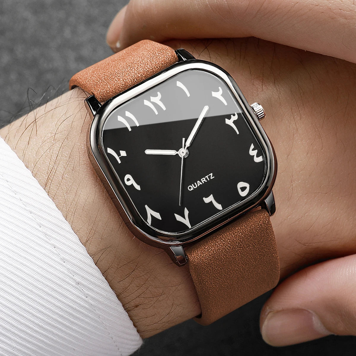 Fashion Unisex Square Quartz Watch Men Leather Strap Arabic Dial Casual Ladies Dress Watches Relogio Feminino (Without Box)