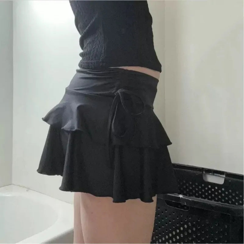 Solid Color Lace Up Girls Short Mini Skirt Ruffle Slim Fit High Waist A-line Skirt Teens Cake Dress Pleated Mini Skirts Summer