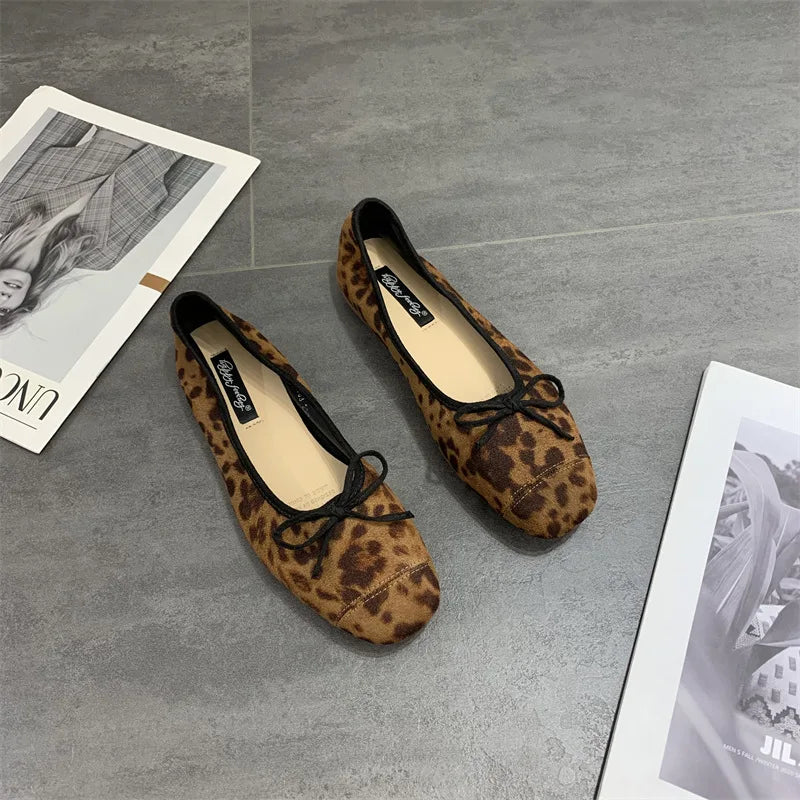 2025 Soft Sole Leopard Shoes Woman Bowtie Flock Ballet Flats Barefoot Loafers Ladies Daily Mocassines Slip On Dress Office Shoes