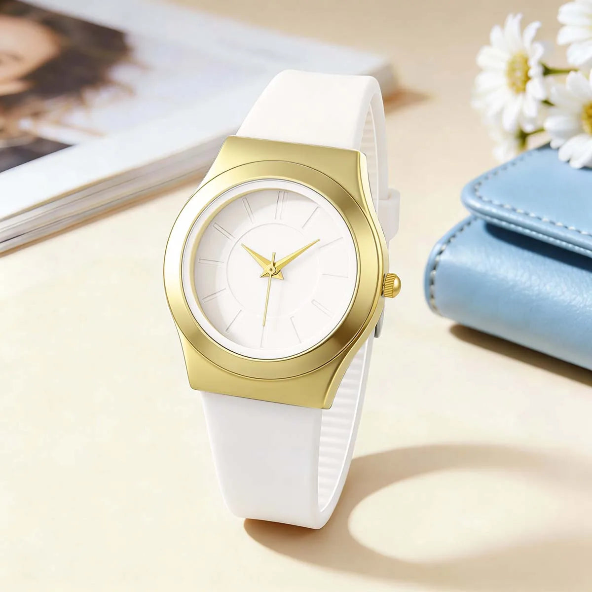 Women Minimalist Quartz Watch Soft Silicone Strap Gold Alloy Case Simple Line Dial Casual Ladies Watches