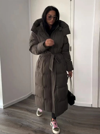 Hooded Lace up Long Jacket Woman Solid Color Zipper Long Sleeve Loose Coats Versatile Warm Minimalist Women's New Winter Jackets