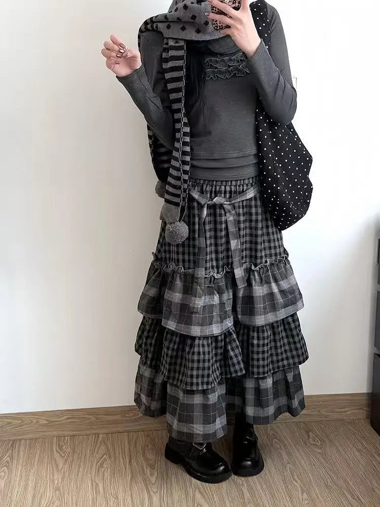 Japanese Style Vintage Puffy Cake Skirt Women Sweet Plaid Patchwork Ruched A-line Midi Skirts Harajuku Aesthetic Casual Clothing