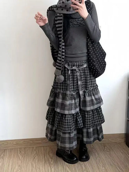 Japanese Style Vintage Puffy Cake Skirt Women Sweet Plaid Patchwork Ruched A-line Midi Skirts Harajuku Aesthetic Casual Clothing