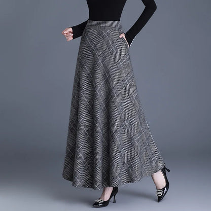 Fairyshely 2026 Autumn Winter Gray Plaid Woolen Skirt Women Casual High Waist Midi Skirt Ladies Elegant Warm Pleated Long Skirt
