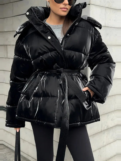 2026 Winter Shiny Hooded Cotton Jacket With Belt Women Elegant Long Sleeve Zipper Lace Up Coats Lady Y2K Street Warm Outerwear