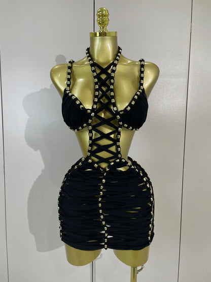 2026 Women Sexy White Halter Neck Perspective Hollow Mini Dresses Summer Backless Nightclub Party Evening Club Performance Dress