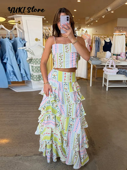 Vacation Floral Printed Cascading Ruffle Skirt Sets Women Sleeveless Sling Top Cake Long Skirts 2026 Summer Holiday Sweet Outfit