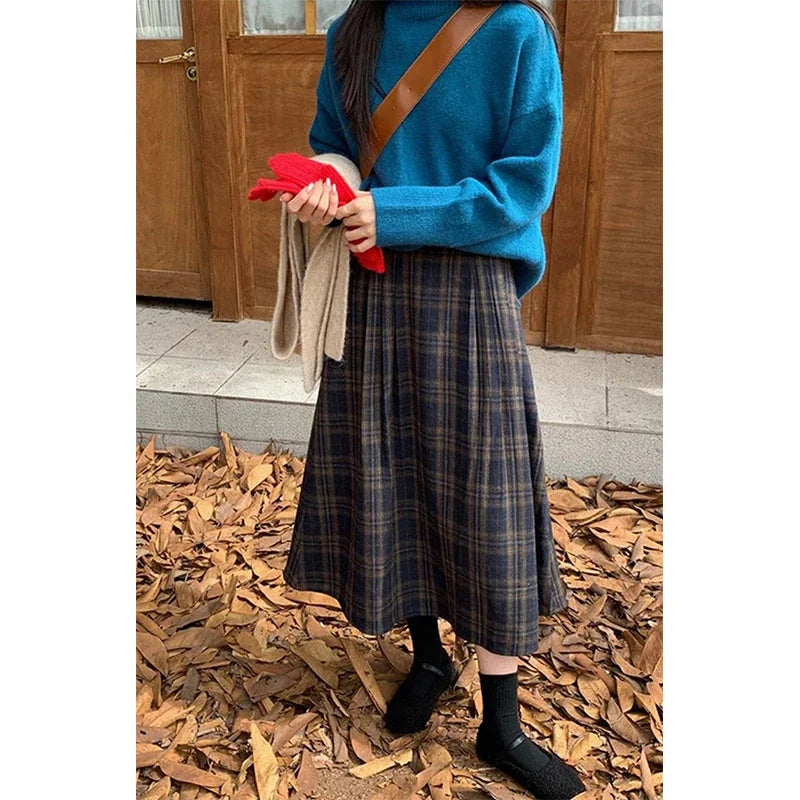 MEXZT Vintage Plaid Midi Skirts Women Harajuku Woolen A Ine Skirt Winter Ladies Streetwear Korean High Waist Casual Faldas New