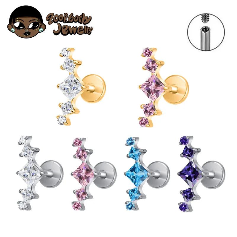 ASTM F136 Titanium Princess Arch Square CZ Helix Piercing Labret Tragus Conch Earrings Lobe Lip G23 TItanium Nose Body Jewelry