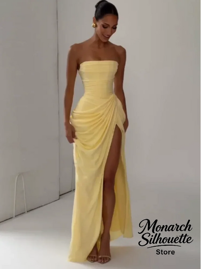 Elegant Yellow Strapless Pleated Long Dress Women Chic Solid Sleeveless Waist Cinching Split Gown 2026 Lady Evening Party Robes