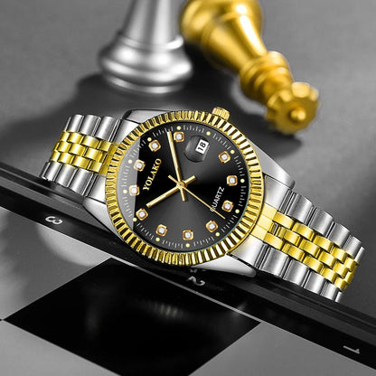 Watches for Women Simple Casual Student Fashion Quartz Diamond-Encrusted Steel Band Calendar Gold Set Men's Watch Couple