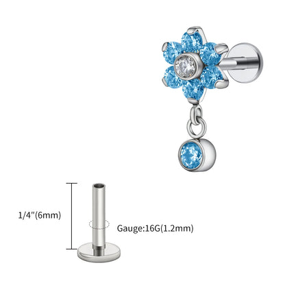 Right Grand ASTM F136 Titanium 16G Flower CZ Drop Dangle Flat Earring Tragus Helix Lobe Stud Piercing Jewelry