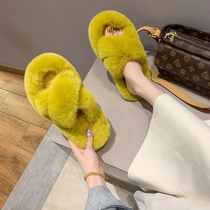 Fashion One Word Thick Fur Slippers Double Fur Slippers Casual Home Cotton Shoes for Women Flat Plush Cross Straps Slippers2025