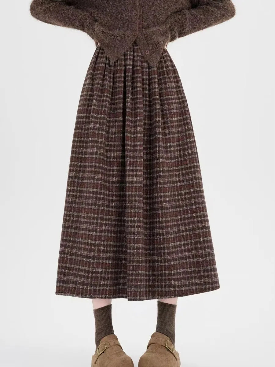 High Waist Plaid Woolen A-Line Skirt plus Size Autumn Winter New Style Retro Artistic Half-length Skirts for Women