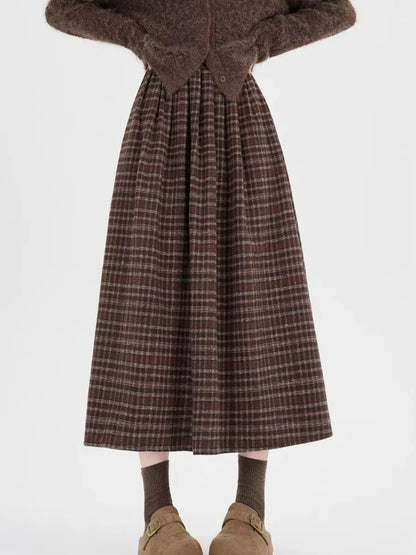 High Waist Plaid Woolen A-Line Skirt plus Size Autumn Winter New Style Retro Artistic Half-length Skirts for Women