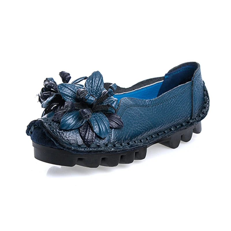Genuine Leather Ballet Flats Women's Slip On Loafers Vintage Handmade Flower Soft Muffin Platform Casual Walk Dress Shoes Woman