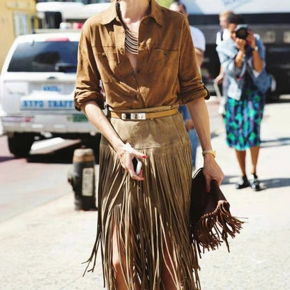 American Retro Personality Waste Wind Skirt 2025 Autumn and Winter High Waist Tassel Design Sense A Word Women's Skirt