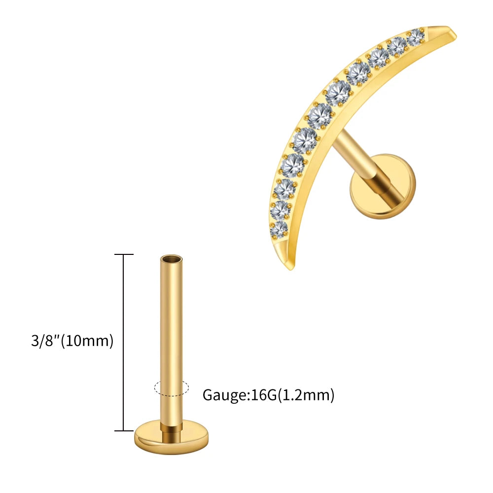 Right Grand ASTM F136 Titanium Long Crescent Moon Labret with CZ 16G Screw Back Climber Earring Helix Cartilage Tragus Piercing