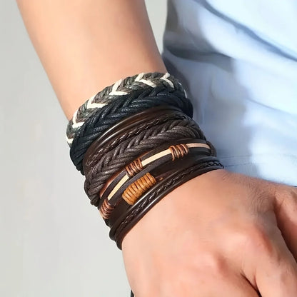 20Pcs Braided Leather Bracelets for Men Women Wrap Wood Beads Cuff Bracelet Hemp Cords Ethnic Tribal Handmade Wrap Wristband Bra
