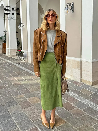 SINGREINY Avocado Green Suede Long Skirt Women Newest 2026 Autumn Minimalist Y2K Vintage Solid Warm Split Midi Skirts